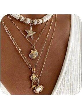 🆕 Women Gold Layered Shell Necklace Trendy Pearl Puka Flower Beaded Starfish